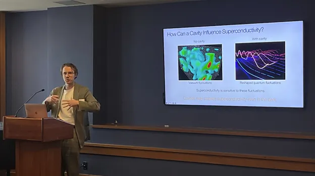 Photo of Professor James McIver discussing superconductivity and quantum materials